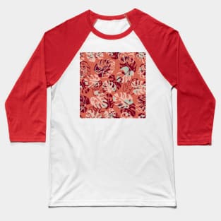Coral Monstera Leaves Baseball T-Shirt